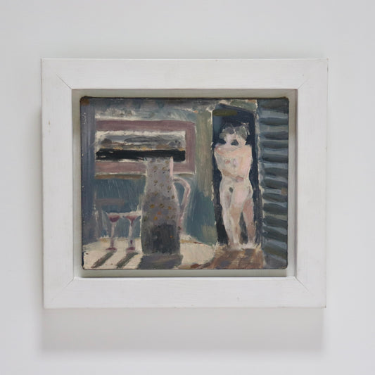 Framed oil painting titled "Two Women" by Richard Ayling, 1994. Two abstracted nude figures in an interior setting with jug and glasses.