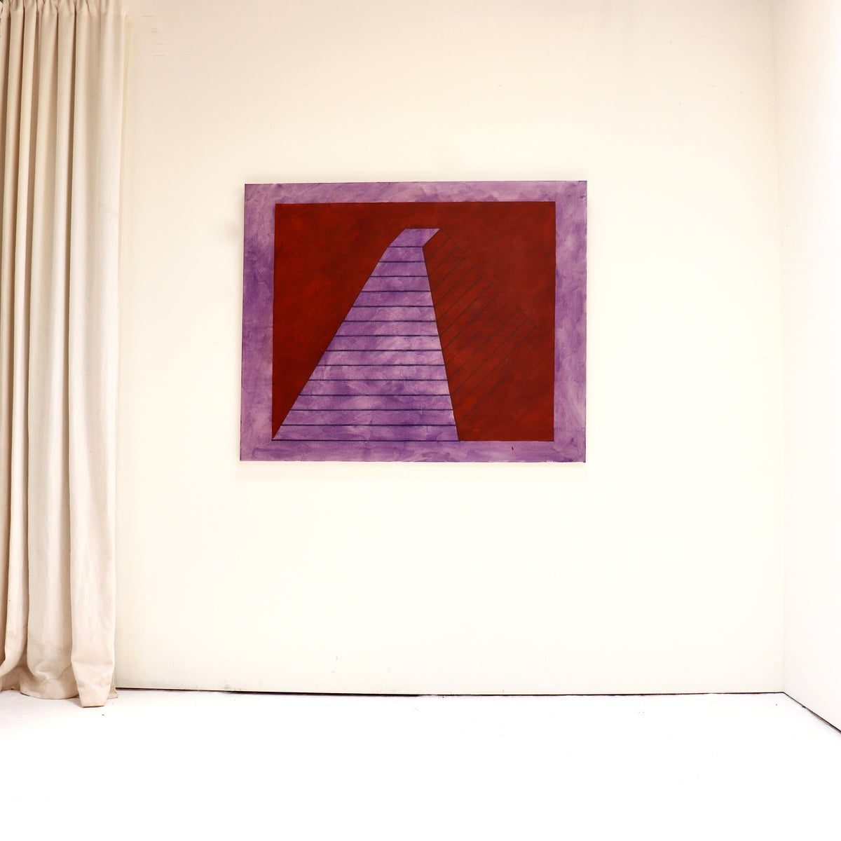 Front view of John Mitchell’s Square Pyramid, Capped, with a banded violet pyramid, oxide-red ground and broad violet border.