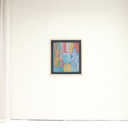 Colourful framed still life painting in gouache
