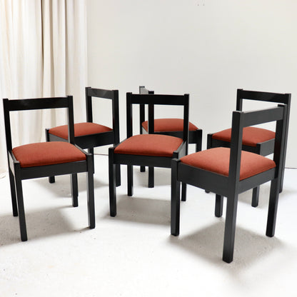 “Set of six Danish stained-pine dining chairs with rust Kvadrat seats”