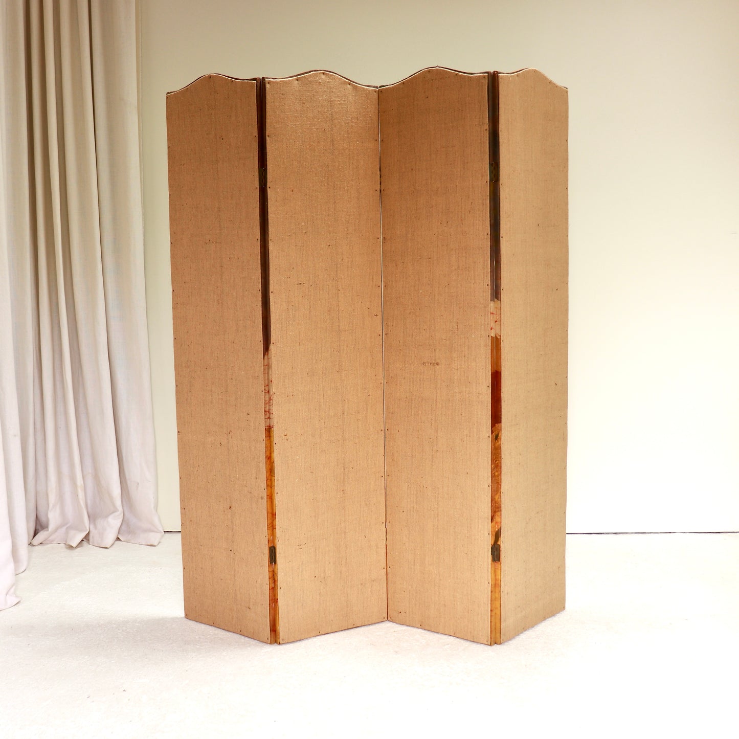 Rear of handcrafted folding screen with hessian backing