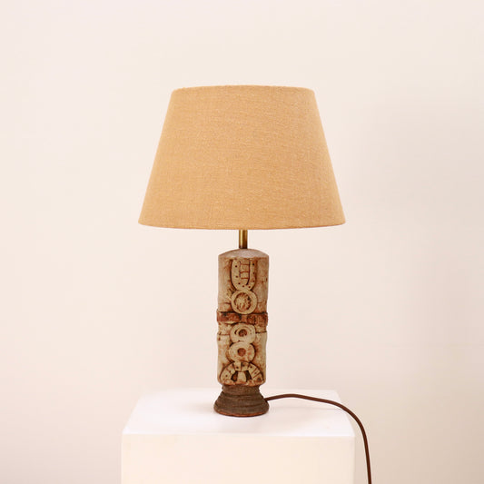 Bernard Rooke stoneware totem table lamp with natural linen shade, front view