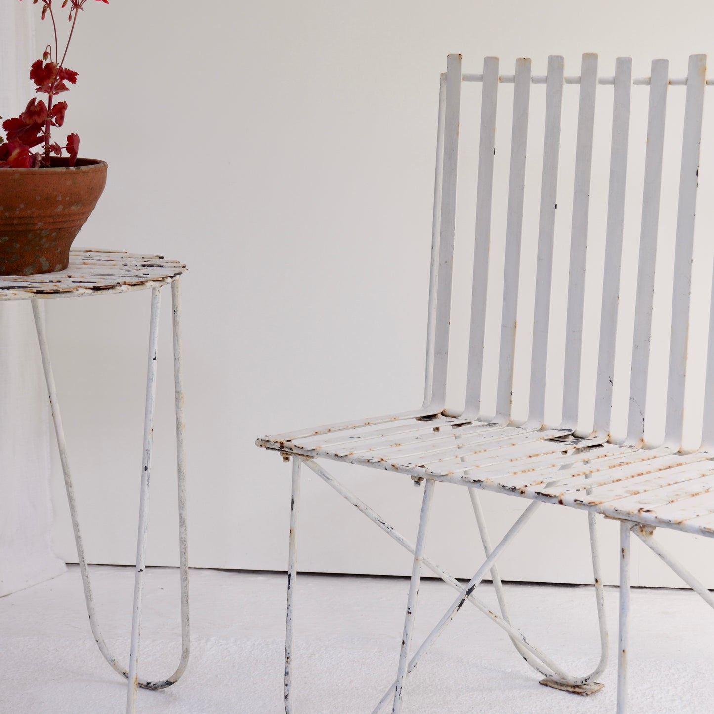 Vintage French iron strap bench and table