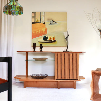 Architect-designed oak and glass sideboard with slatted cabinet door
