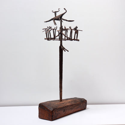 Nigerian Osanyin medical staff sculpture on timber base