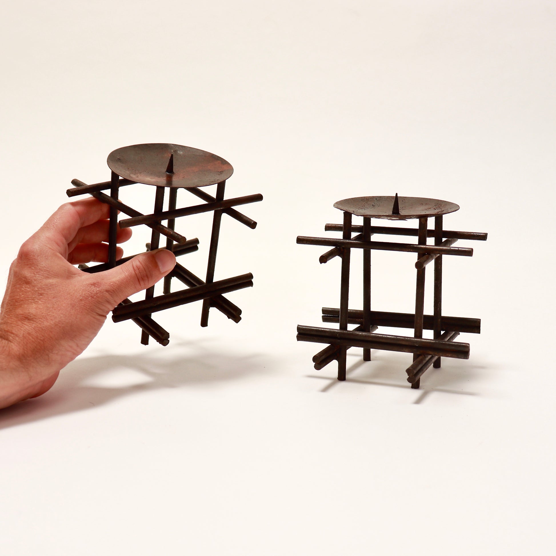 Pair of Brutalist handmade steel candlesticks