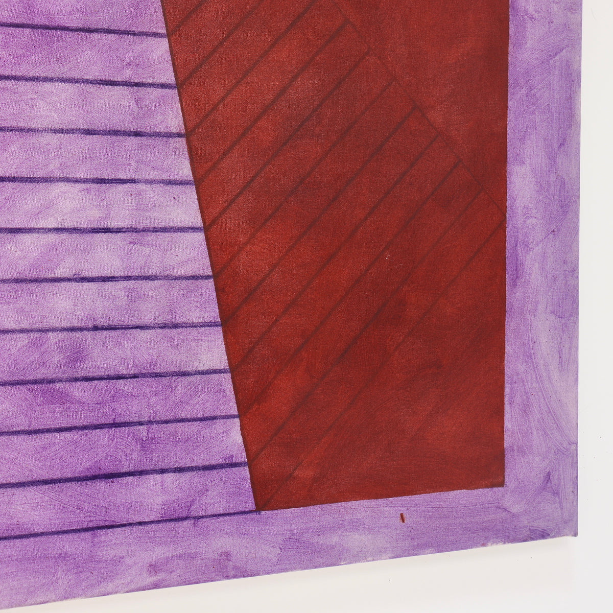 Detail of the pyramid’s red side and diagonal lines beside its violet front face in John Mitchell’s Square Pyramid, Capped.