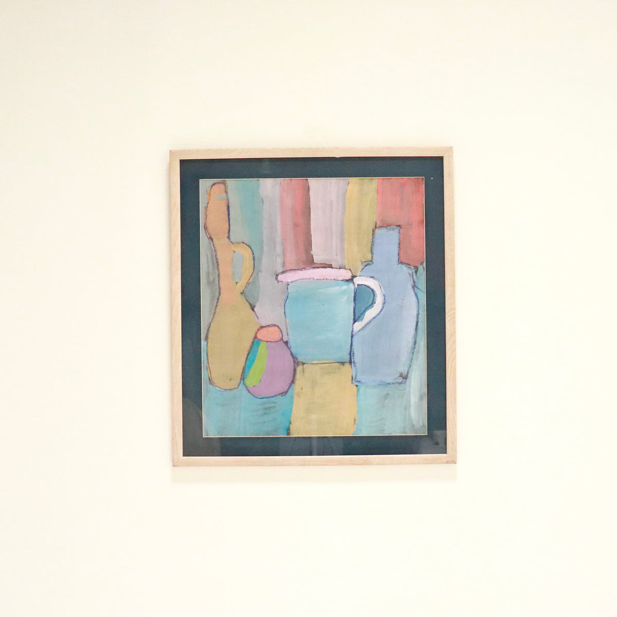Vintage naive gouache still life painting with colourful vessels
