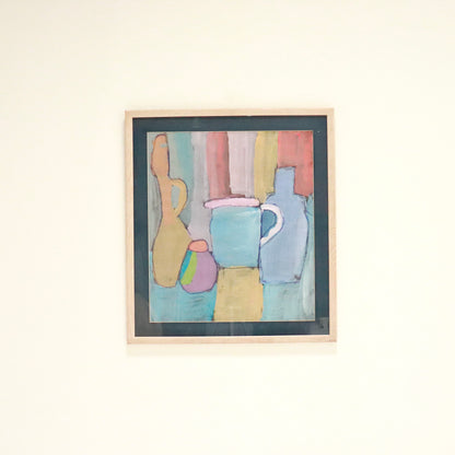 Vintage naive gouache still life painting with colourful vessels

