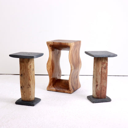 Pair of Brutalist Slate & Wood Side Tables
