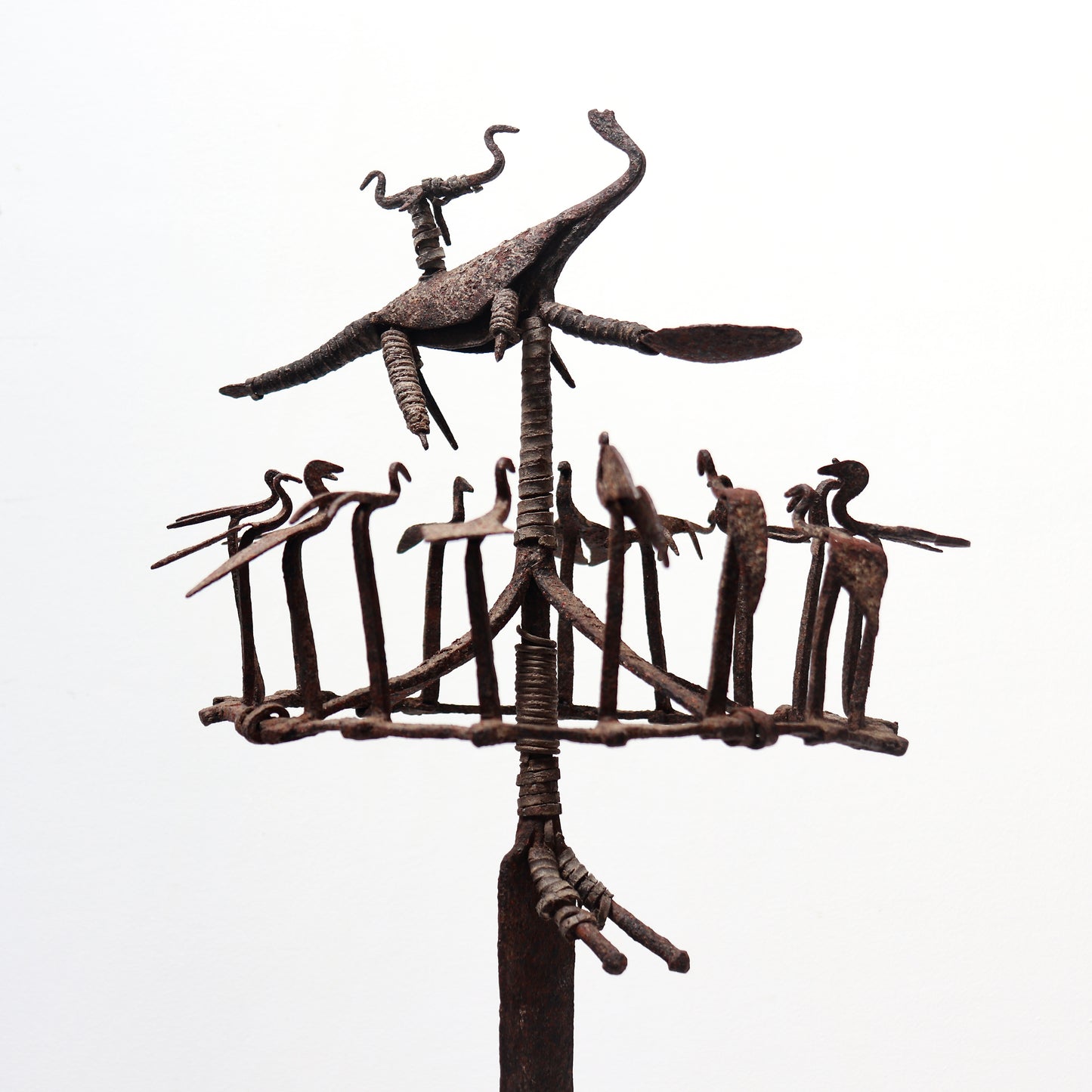 Forged iron Yoruba Osanyin staff with bird figures