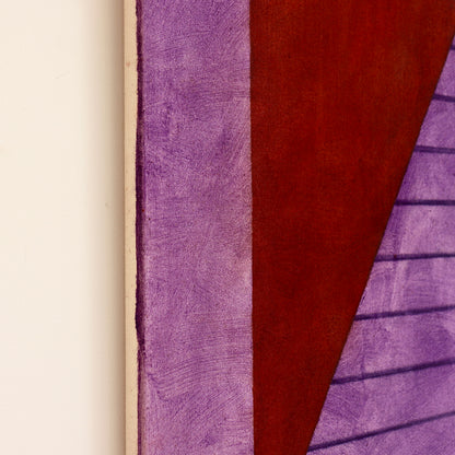 Side detail of John Mitchell’s Square Pyramid, Capped, showing the canvas edge, violet painted border and deep red ground.