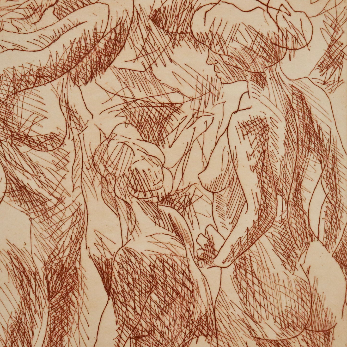 “Close-up of russet etching lines depicting grouped bathers by Stephen Dove.”