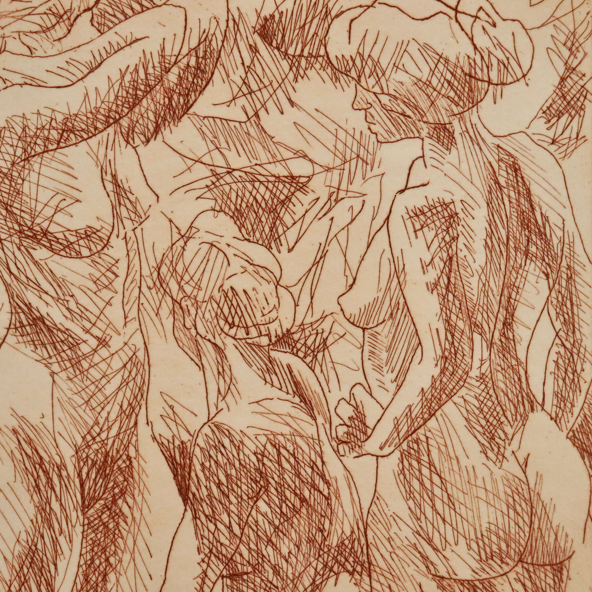 “Close-up of russet etching lines depicting grouped bathers by Stephen Dove.”