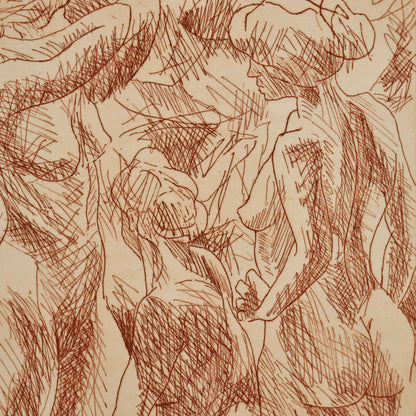 “Close-up of russet etching lines depicting grouped bathers by Stephen Dove.”