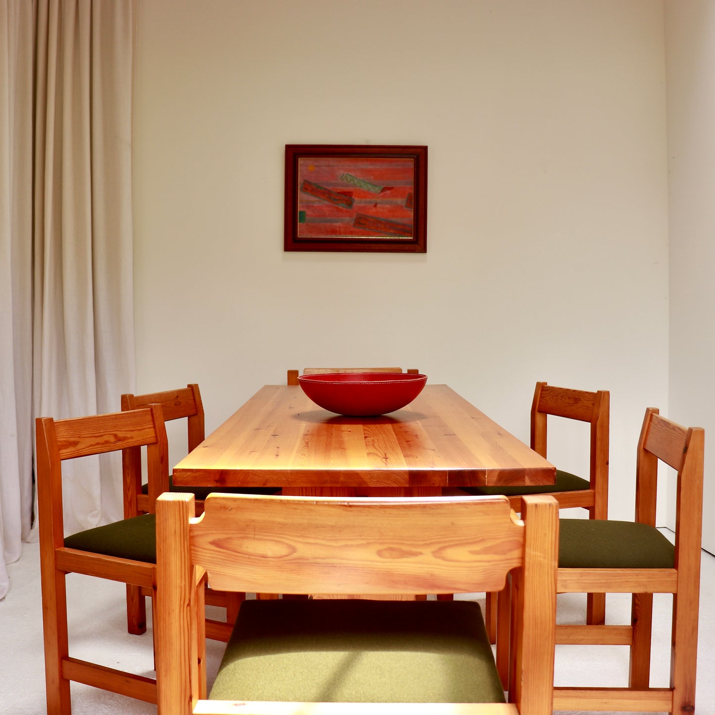 Scandinavian pine dining set with olive green Kvadrat upholstery