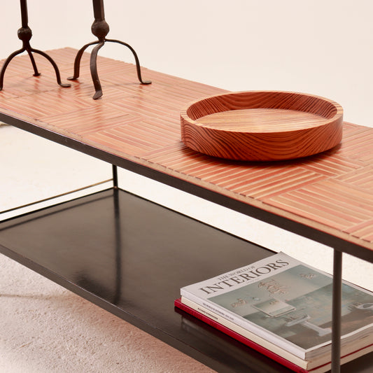 Terracotta Briquette and Steel Coffee Table – Geometric Tiled Top
