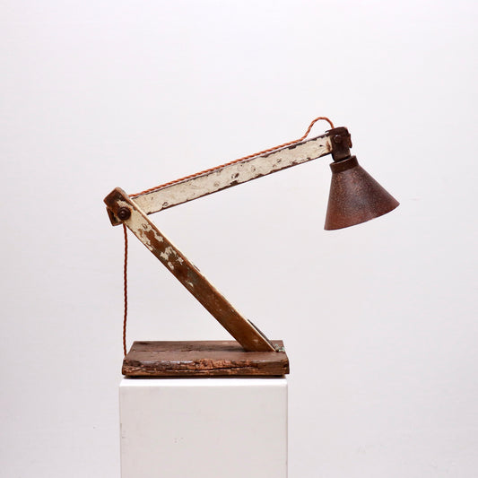 Folk art handmade anglepoise lamp in timber and metal
