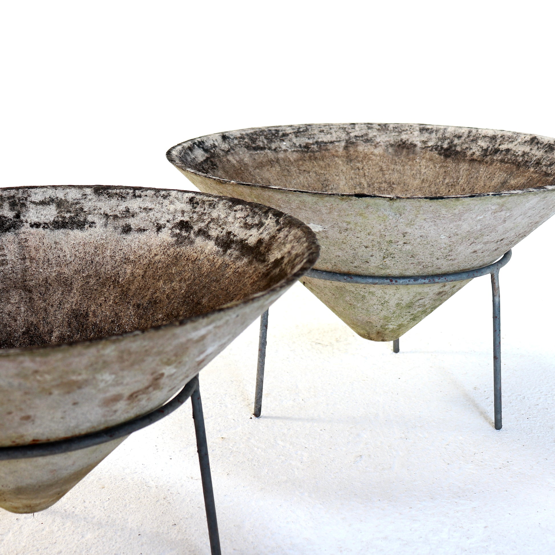 Swiss modernist cone planters on original steel tripod stands