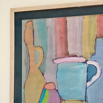 Vintage gouache painting of bottles jugs and pottery
