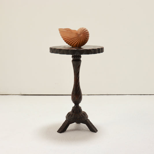 Spanish brutalist wooden pedestal side table with circular top and tripod base