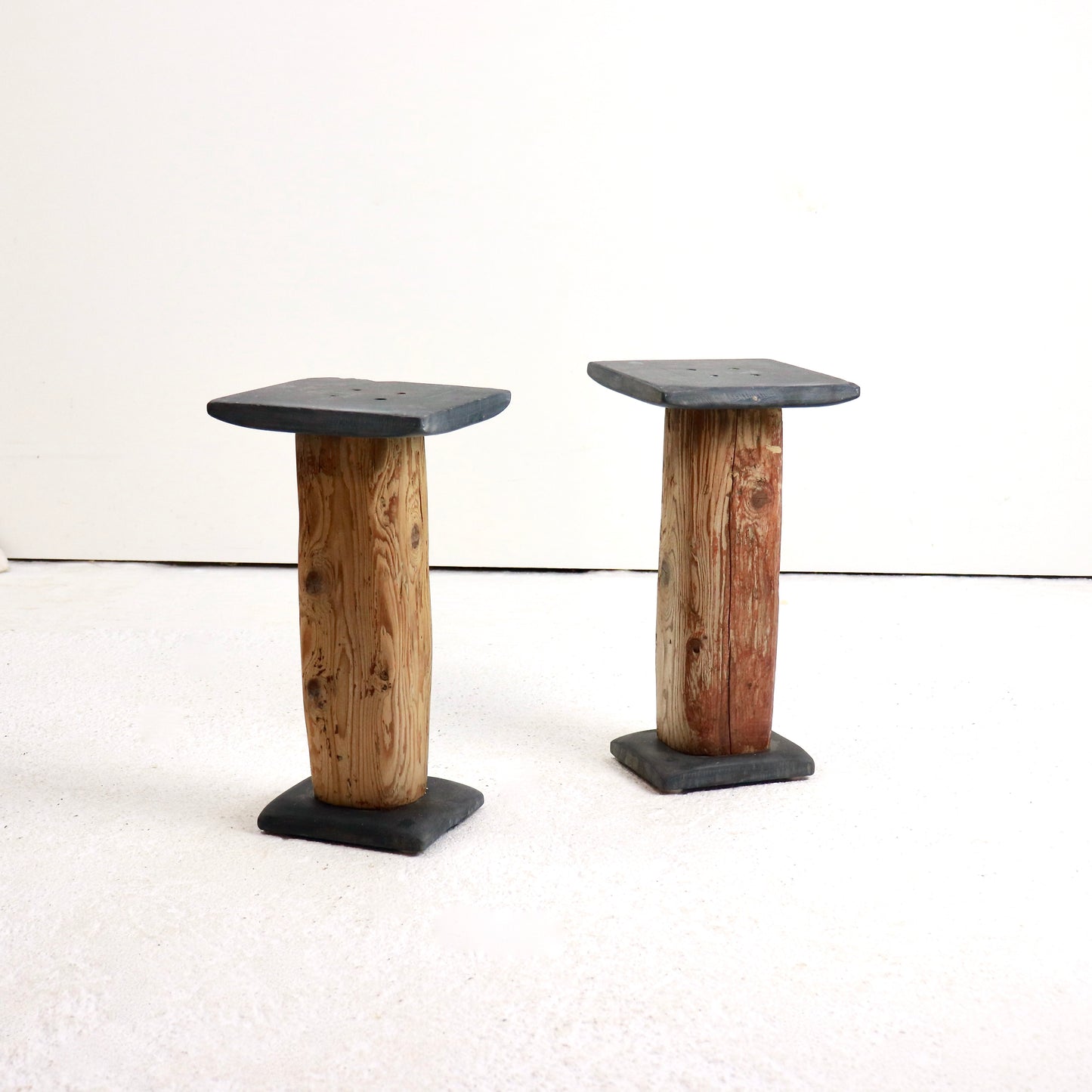 Pair of Brutalist slate and wood side tables