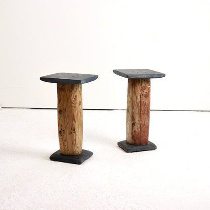 Pair of Brutalist slate and wood side tables