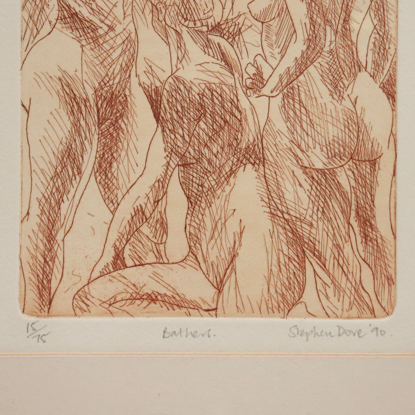 “Edition detail showing 15/75, title Bathers, and signature ‘Stephen Dove ’90’.”