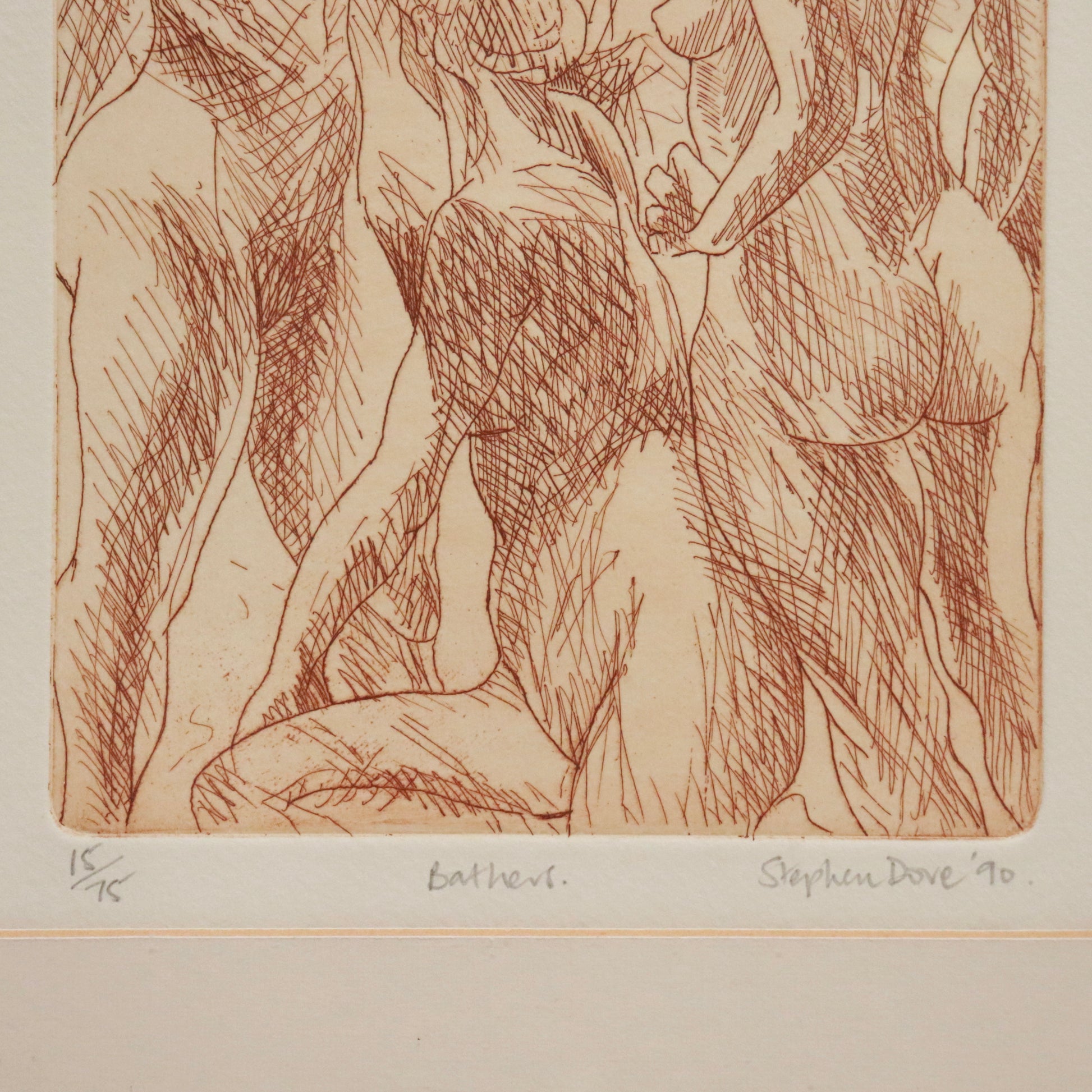 “Edition detail showing 15/75, title Bathers, and signature ‘Stephen Dove ’90’.”