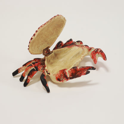 Red and black cast iron crab with hinged lid