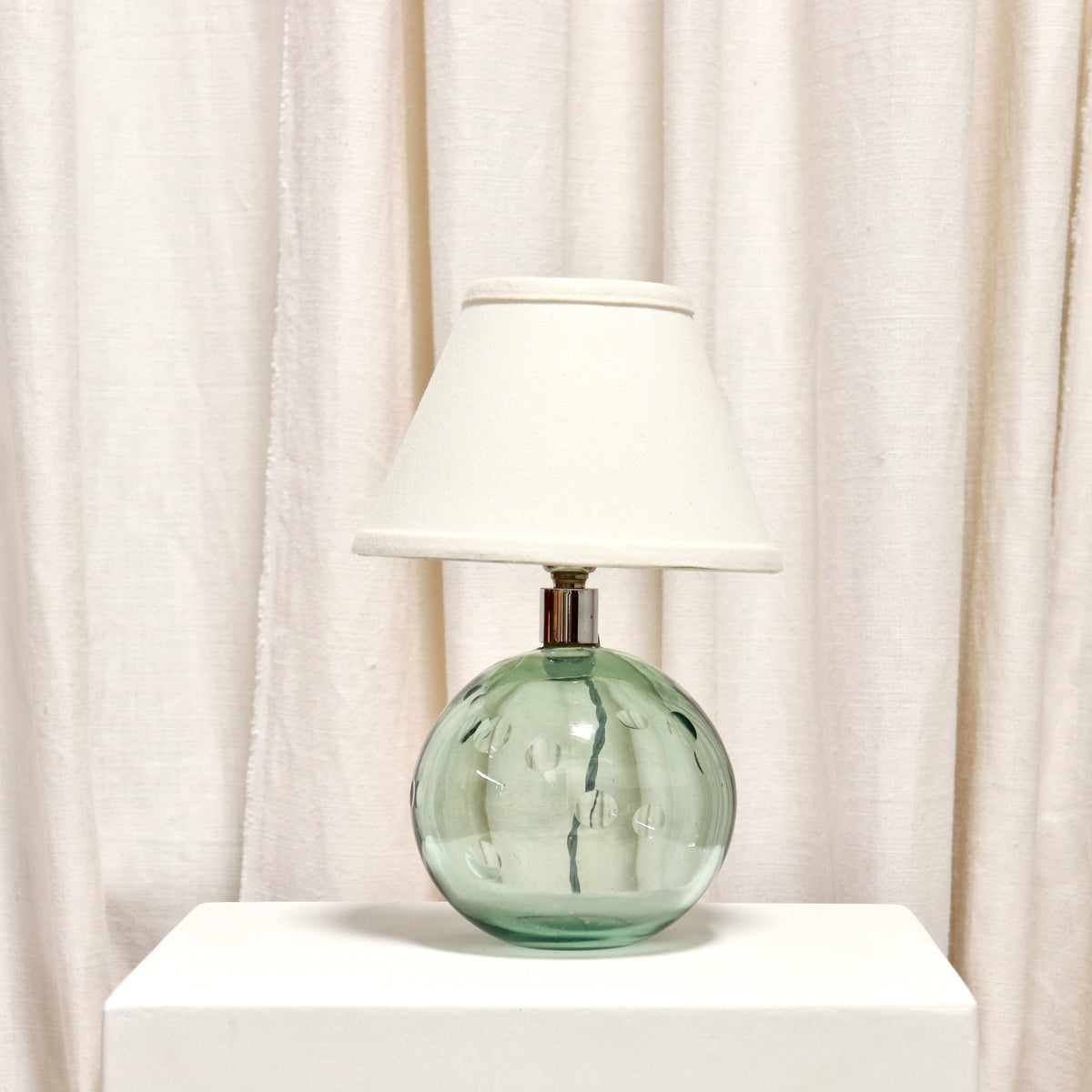 Vintage French cut glass ball table lamp with white cotton shade