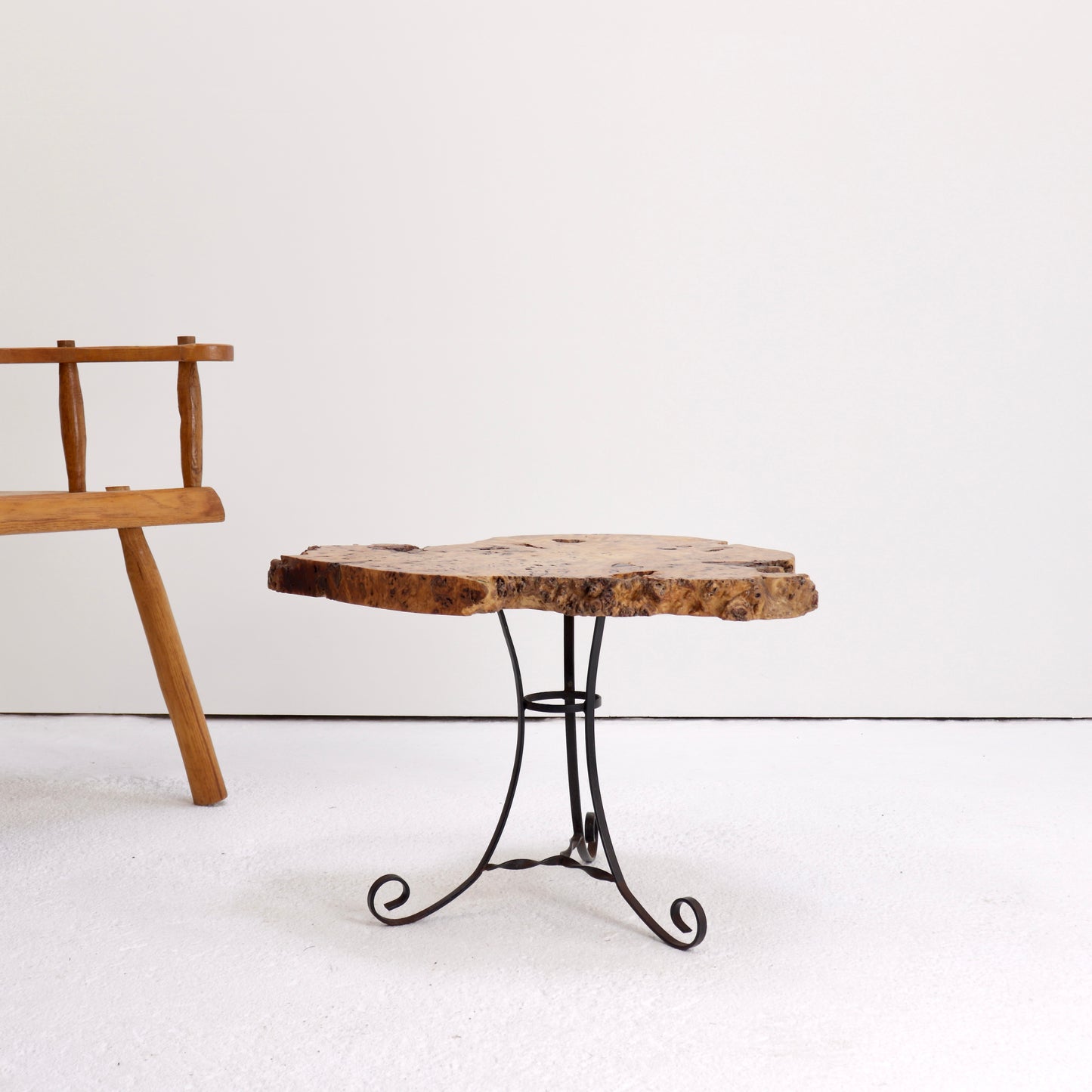 Side table with organic burr walnut slab top and hand-forged wrought iron base, 1970s rustic design