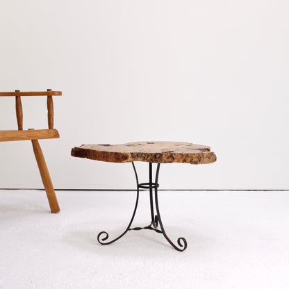 Side table with organic burr walnut slab top and hand-forged wrought iron base, 1970s rustic design