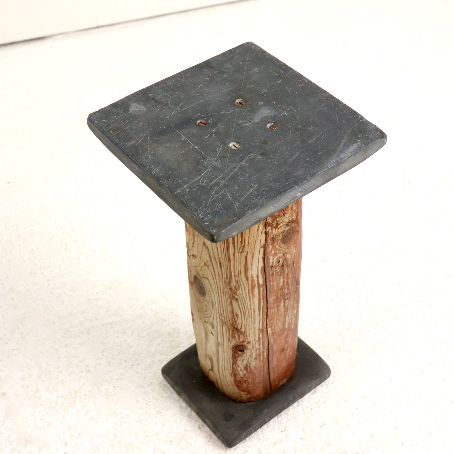 Brutalist wood pedestal with slate base