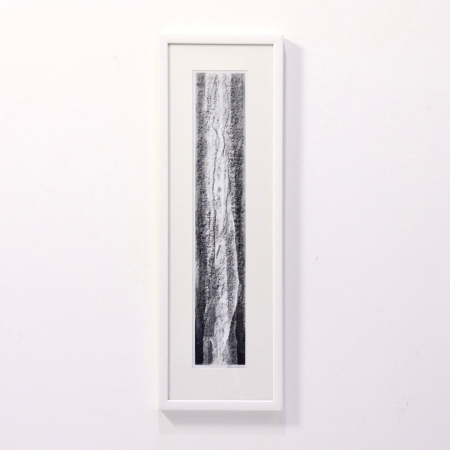 Vertical charcoal drawing by David Roberts in white frame