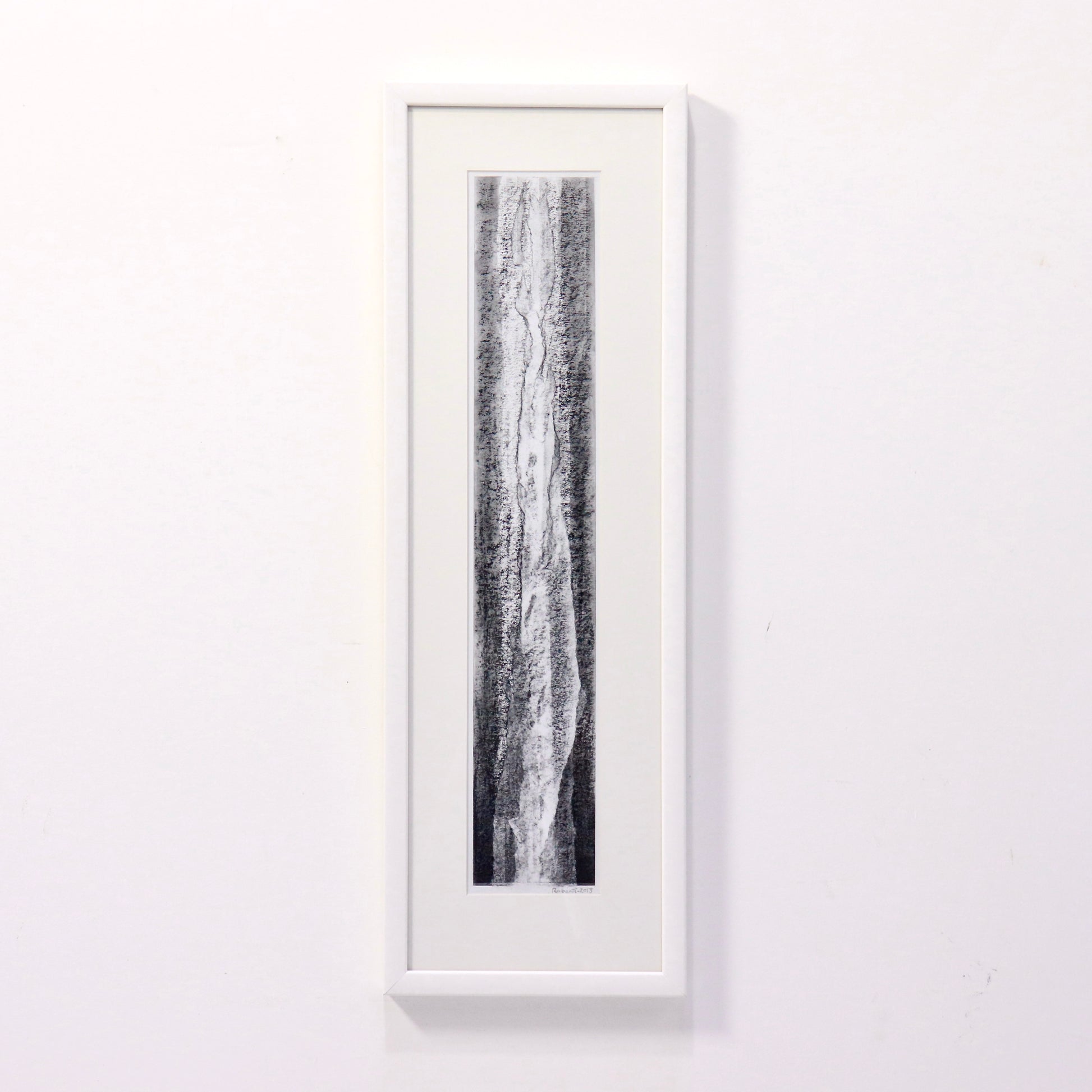 Vertical charcoal drawing by David Roberts in white frame