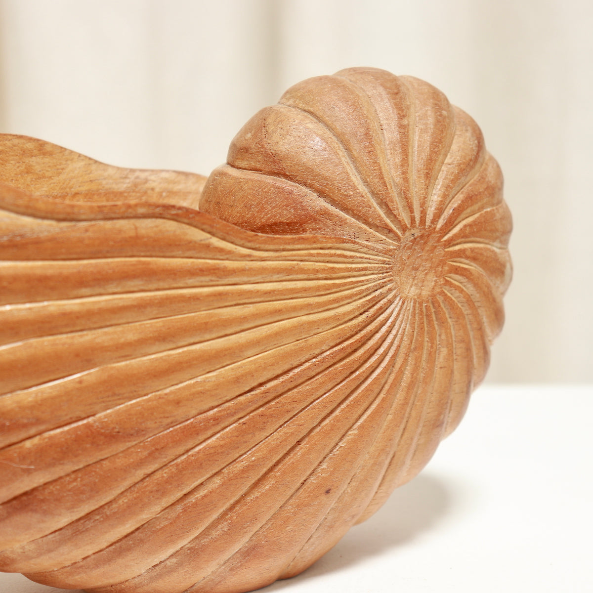 Close-up of the shell carving and warm wood grain