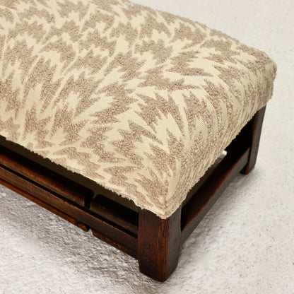 Low oak bench with contemporary bouclé upholstery