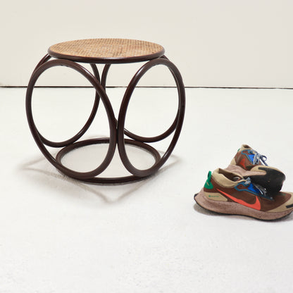 Vintage Thonet-style bentwood hoop stool with cane seat and burgundy lacquer