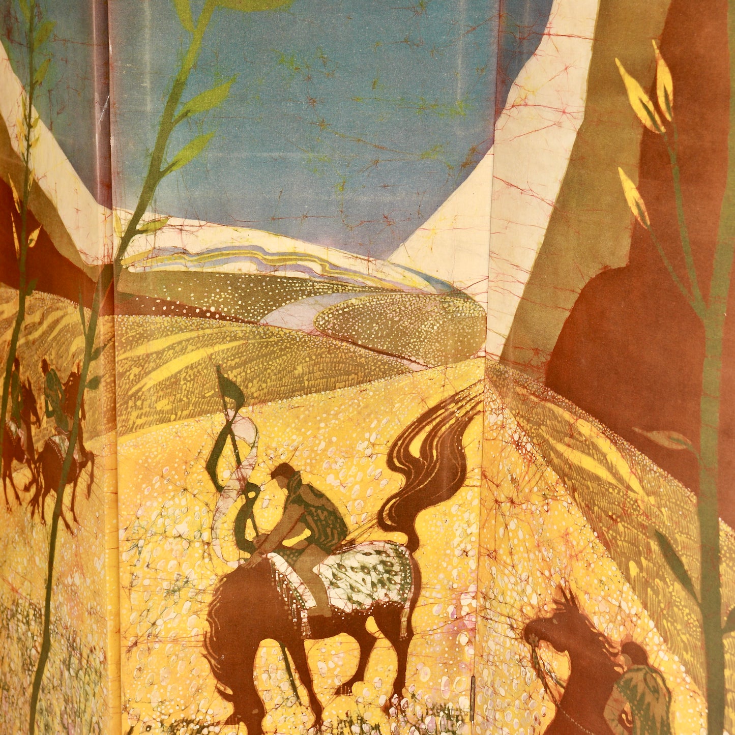 Handmade batik screen with stylised landscape