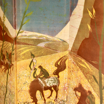 Handmade batik screen with stylised landscape