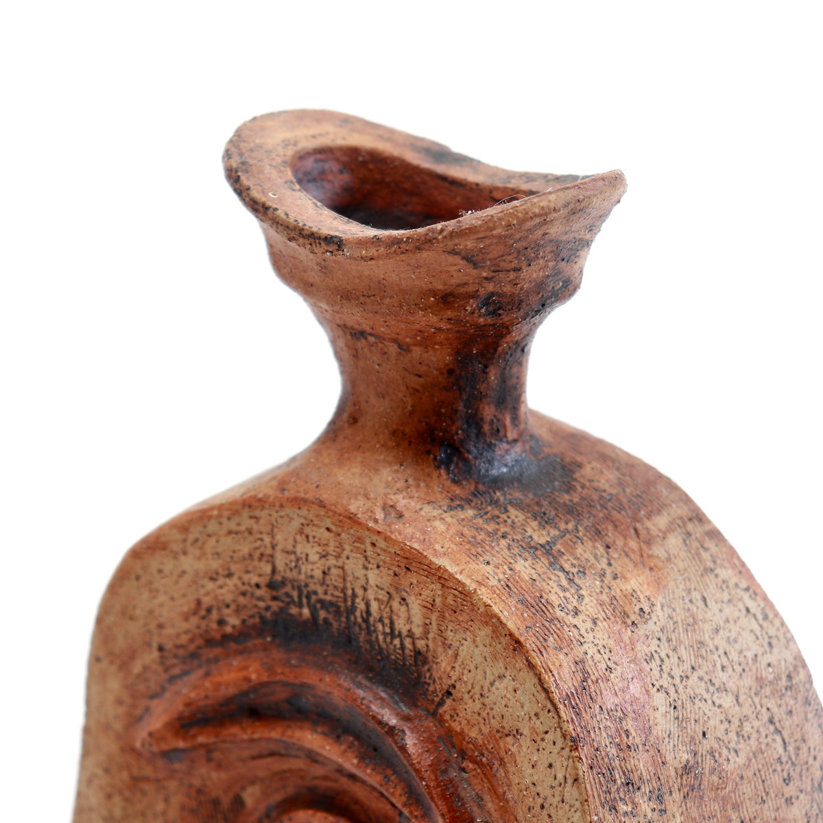 Detail of the Cornish pottery vessel’s narrow neck and irregular flared rim, with mottled brown surface decoration.