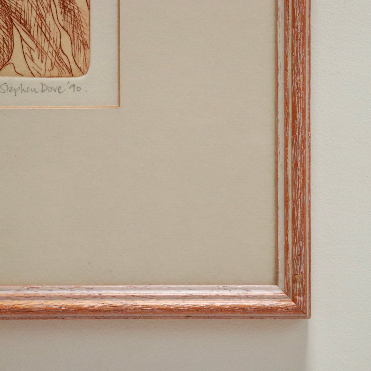 “Corner of painted timber frame and mount on Stephen Dove etching.