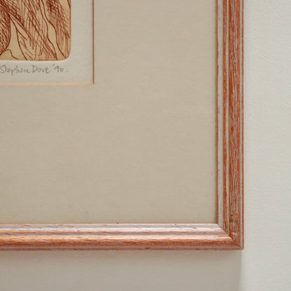 “Corner of painted timber frame and mount on Stephen Dove etching.