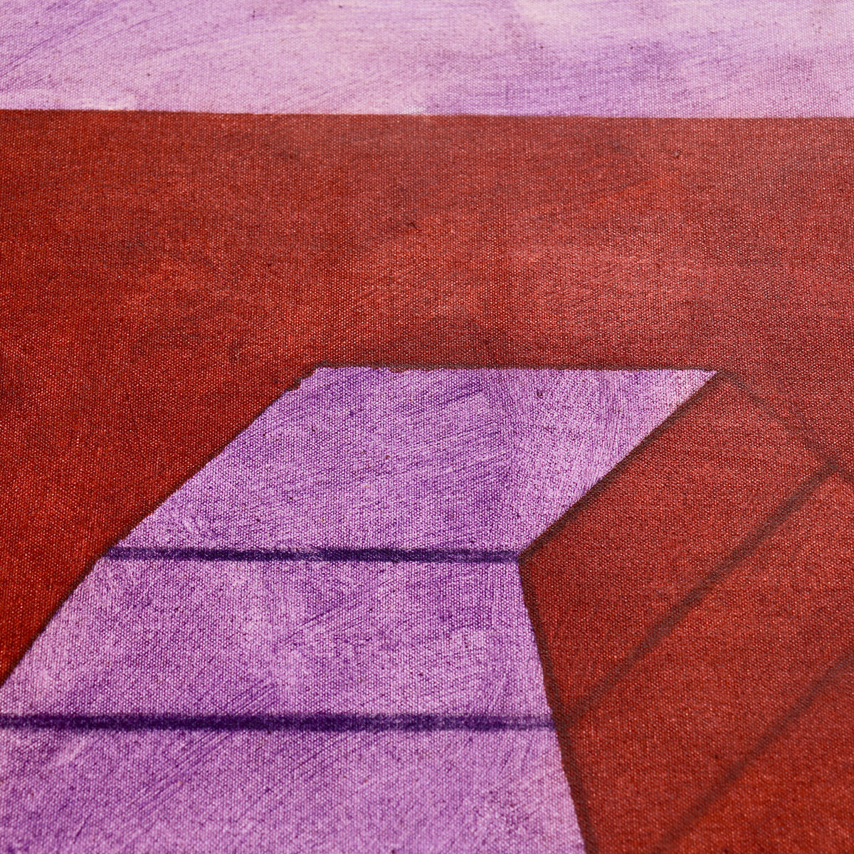 Detail of the flattened violet summit of John Mitchell’s Square Pyramid, Capped, showing brushwork against the oxide-red background.