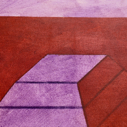 Detail of the flattened violet summit of John Mitchell’s Square Pyramid, Capped, showing brushwork against the oxide-red background.