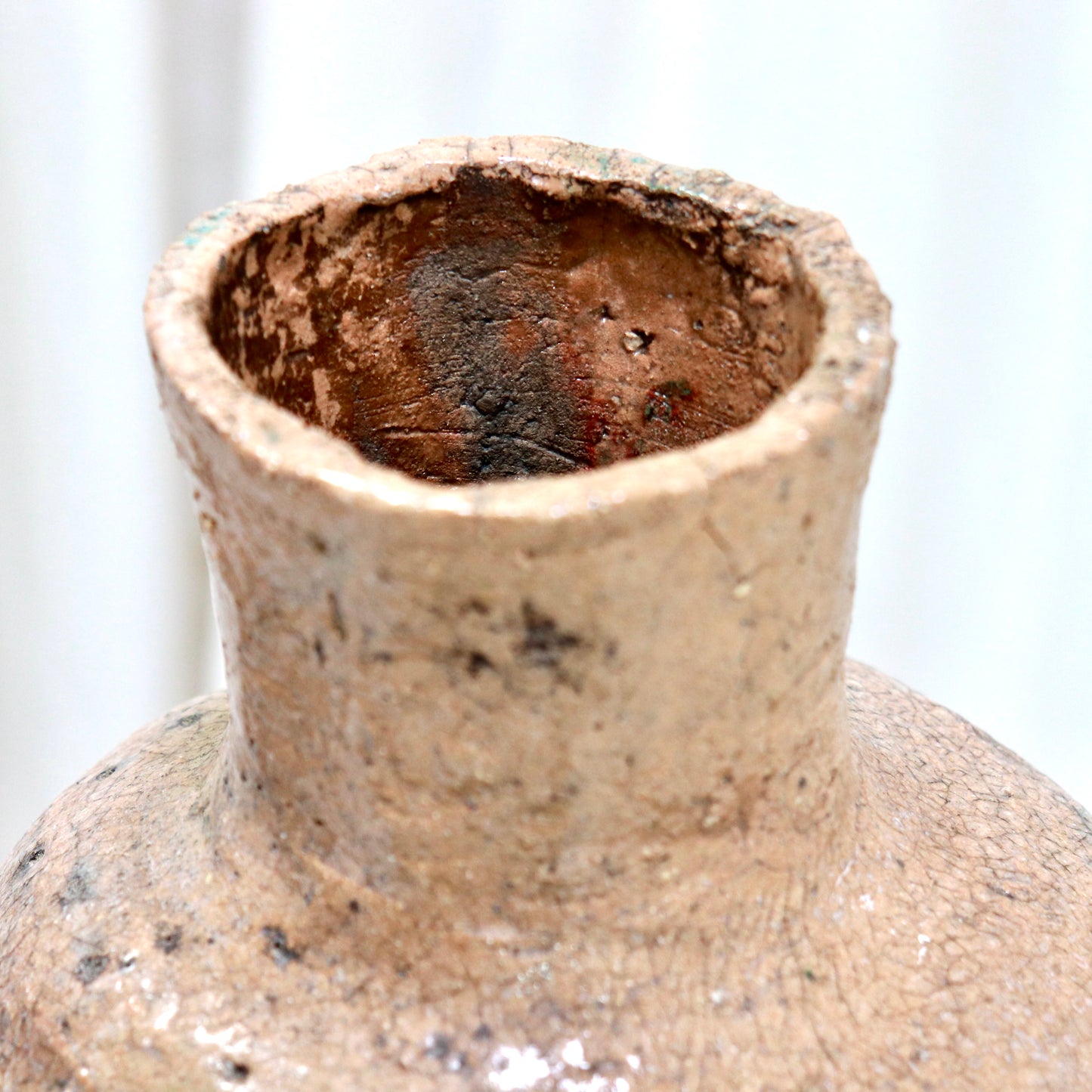 Old Stoneware Vessel with Calligraphic Glaze & Historic Repairs