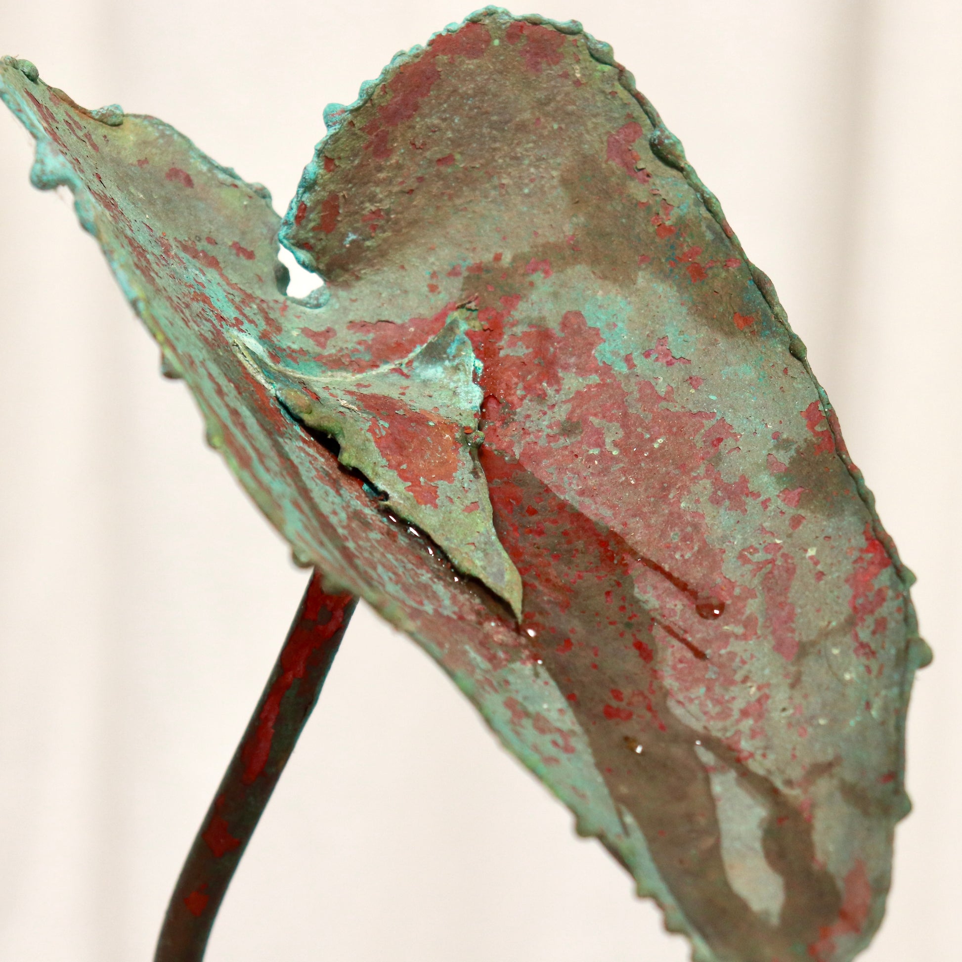 Close-up of water flowing from patinated copper leaf.