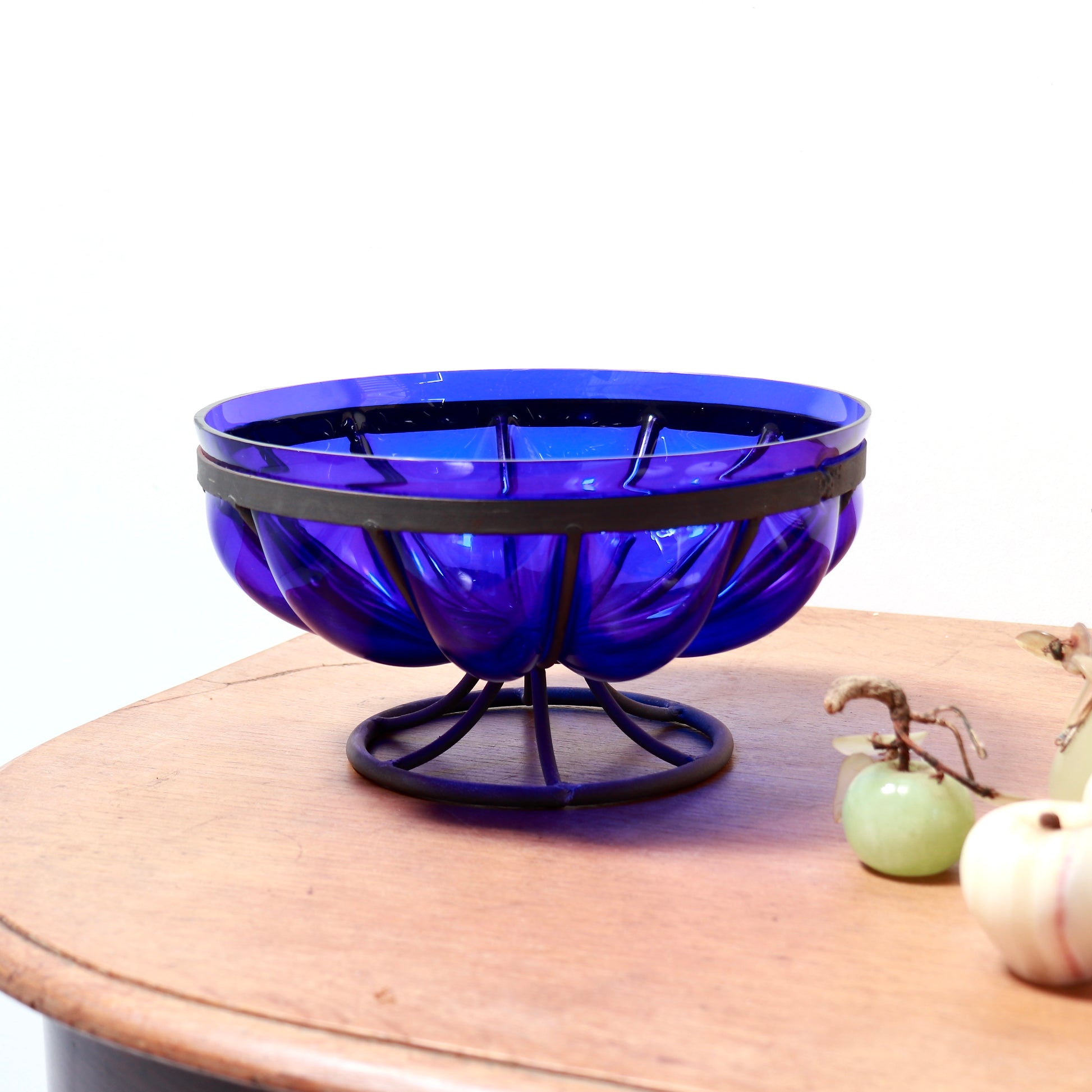 Ribbed cobalt glass bowl on dining table
