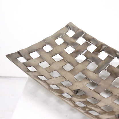 Woven cast aluminium fruit basket with open grid lattice design